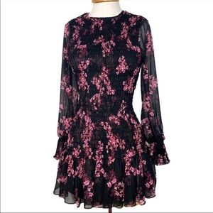 Misa Los Angeles Roisin Smocked Mini Dress in Berry Floral Metallic Size S